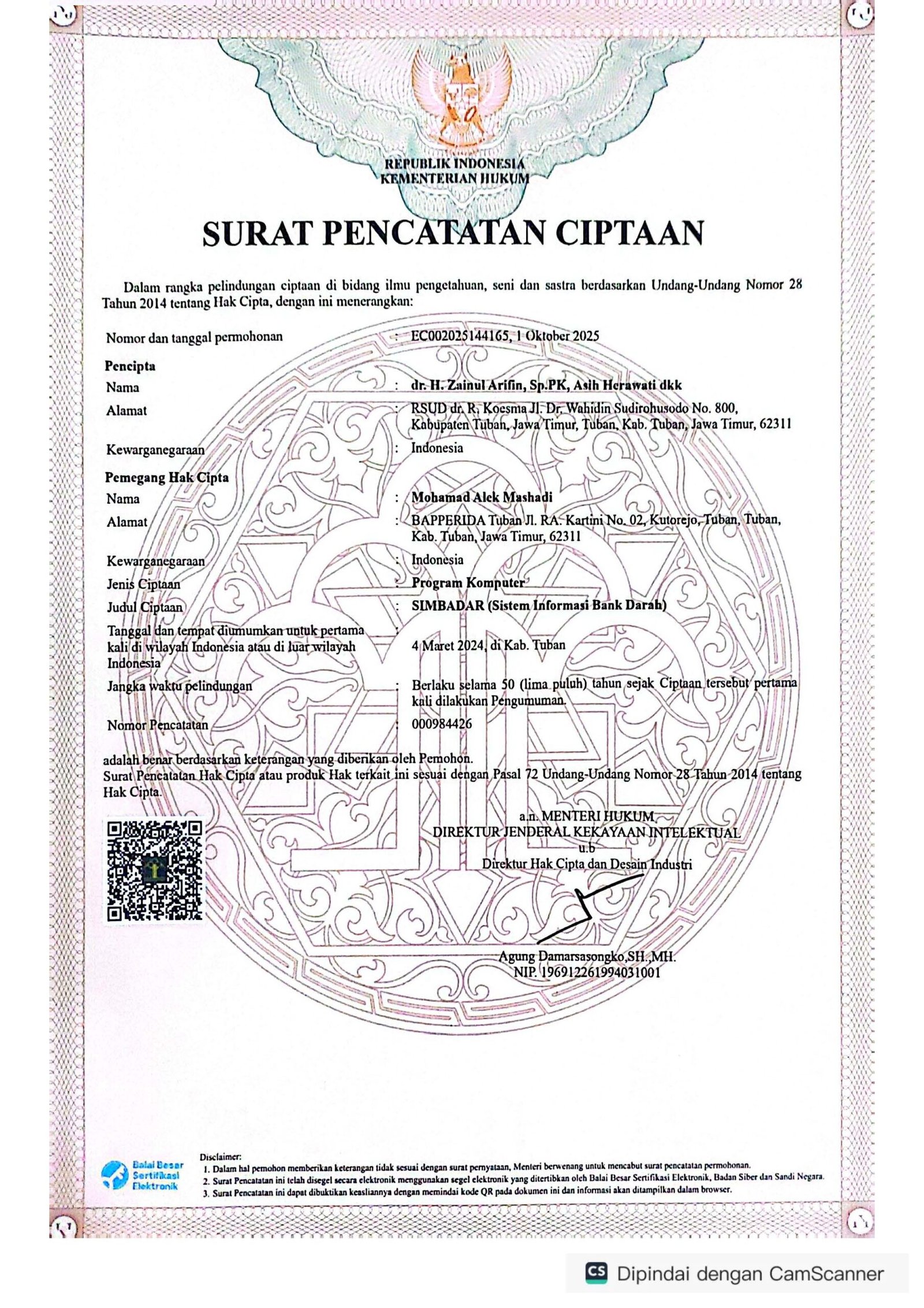 Surat Pencatatan Ciptaan - Hak Cipta Inovasi SIMBADAR (Sistem Informasi Bank Darah)